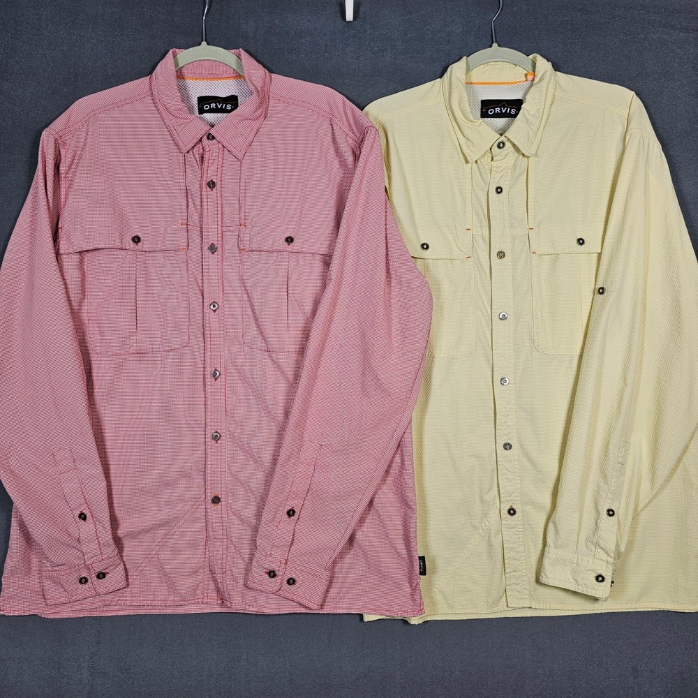Lot of 2 Orvis Fishing Shirt Mens Large Textured Gingham Long Sleeve Roll Tab